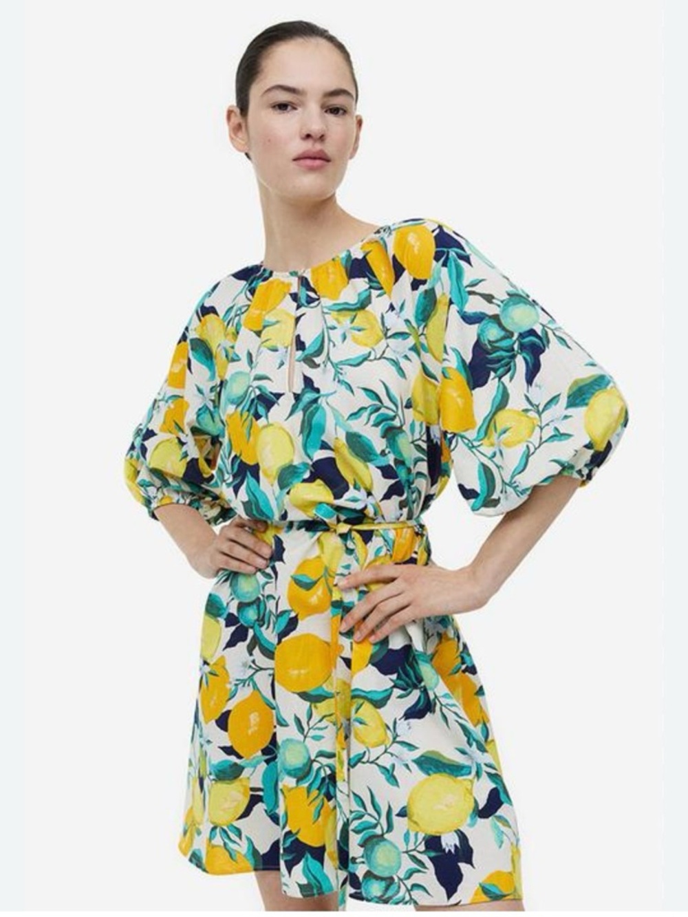 H&M Women Yellow, Green and Navy Leaf-Print Tie-Waist Dress Size Small
